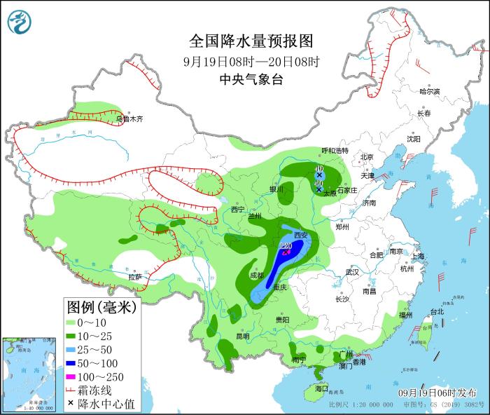 全國降水量預(yù)報(bào)圖(9月19日08時(shí)-20日08時(shí))