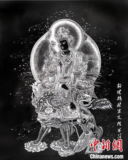圖為朱增平創(chuàng)作的鍥金畫(huà)《敦煌榆林窟文殊菩薩》。(資料圖) 受訪者供圖