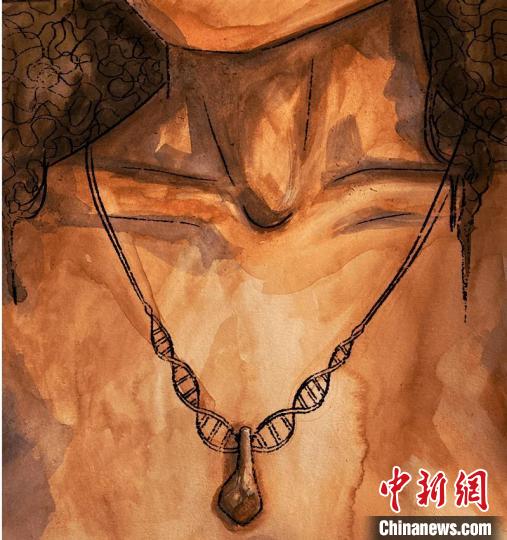 墜飾藝術(shù)再現(xiàn)圖，圖中吊墜繩為DNA螺旋樣式(圖片作者Myrthe Lucas)?！∈┢樟指瘛ぷ匀?供圖