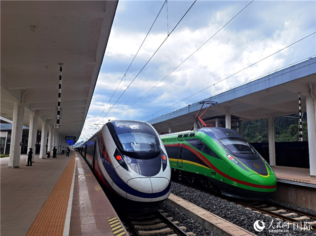 “復(fù)興號”和“瀾滄號”國際旅客列車?？吭诶蠐肽ザ≌尽Ｈ嗣窬W(wǎng) 杜明明攝