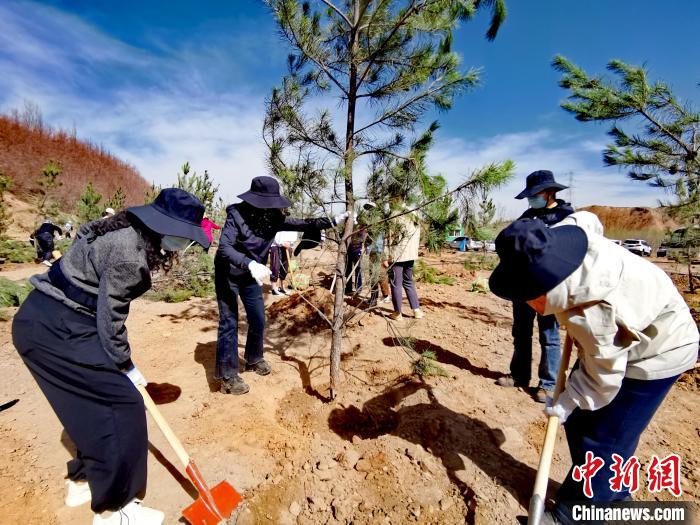 圖為西寧市城東區(qū)干部職工參加義務(wù)植樹?！?zhí)砀?攝