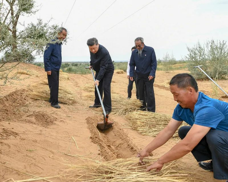 2019年8月21日，習(xí)近平來(lái)到甘肅省武威市古浪縣八步沙林場(chǎng)，實(shí)地察看當(dāng)?shù)刂紊吃炝?、生態(tài)保護(hù)等情況。新華社記者 謝環(huán)馳 攝