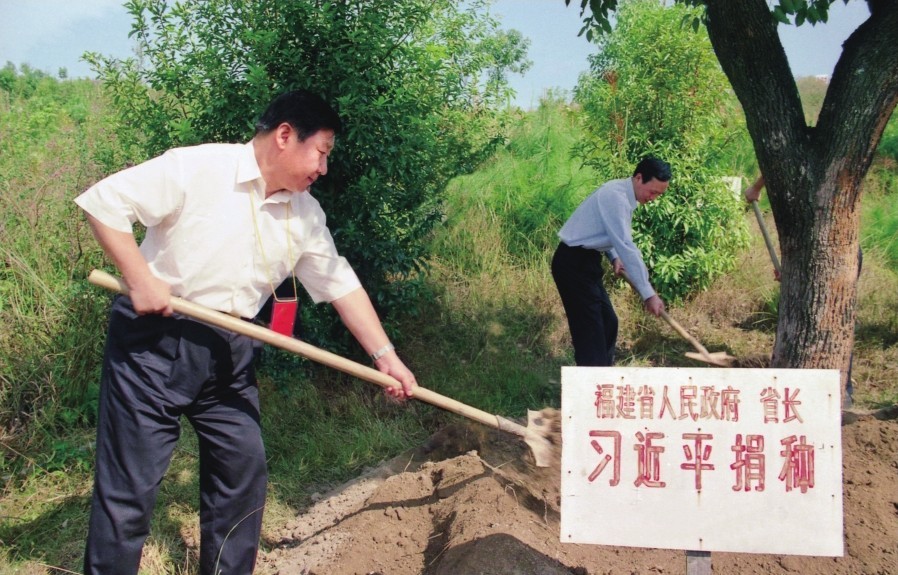 2001年10月，習(xí)近平在龍巖市長汀縣調(diào)研水土流失治理工作，在河田世紀(jì)生態(tài)園為樹培土。圖源：《習(xí)近平在福建（下）》