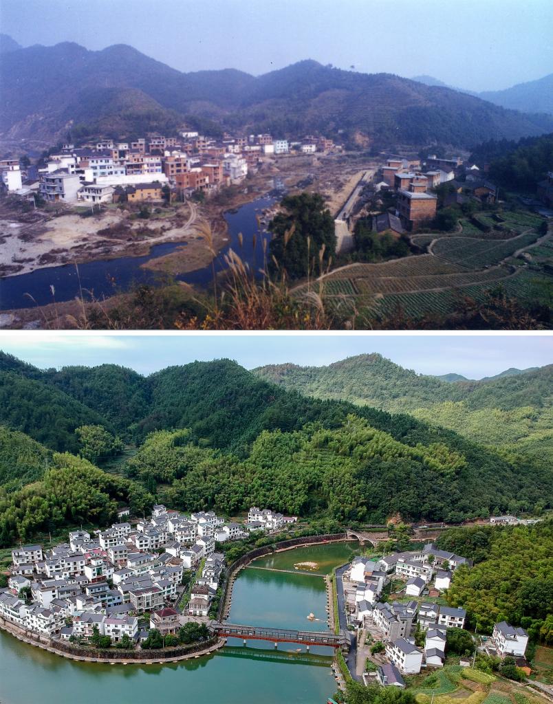 圖為浙江省杭州市淳安縣楓樹嶺鎮(zhèn)下姜村拼版圖，其中上圖為資料照片、下圖由新華社記者張鋮攝。