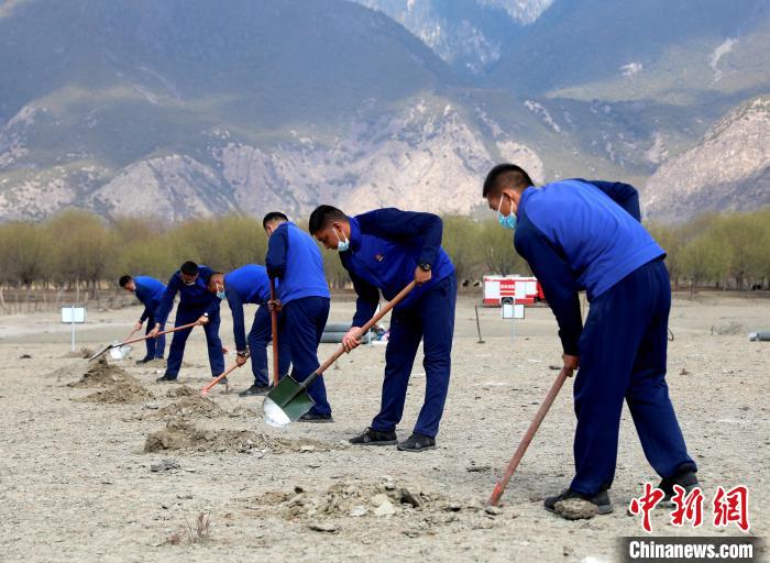 林芝市巴宜區(qū)森林消防中隊志愿服務(wù)隊正在揮鍬鏟土?！∥骼@拉翁 攝