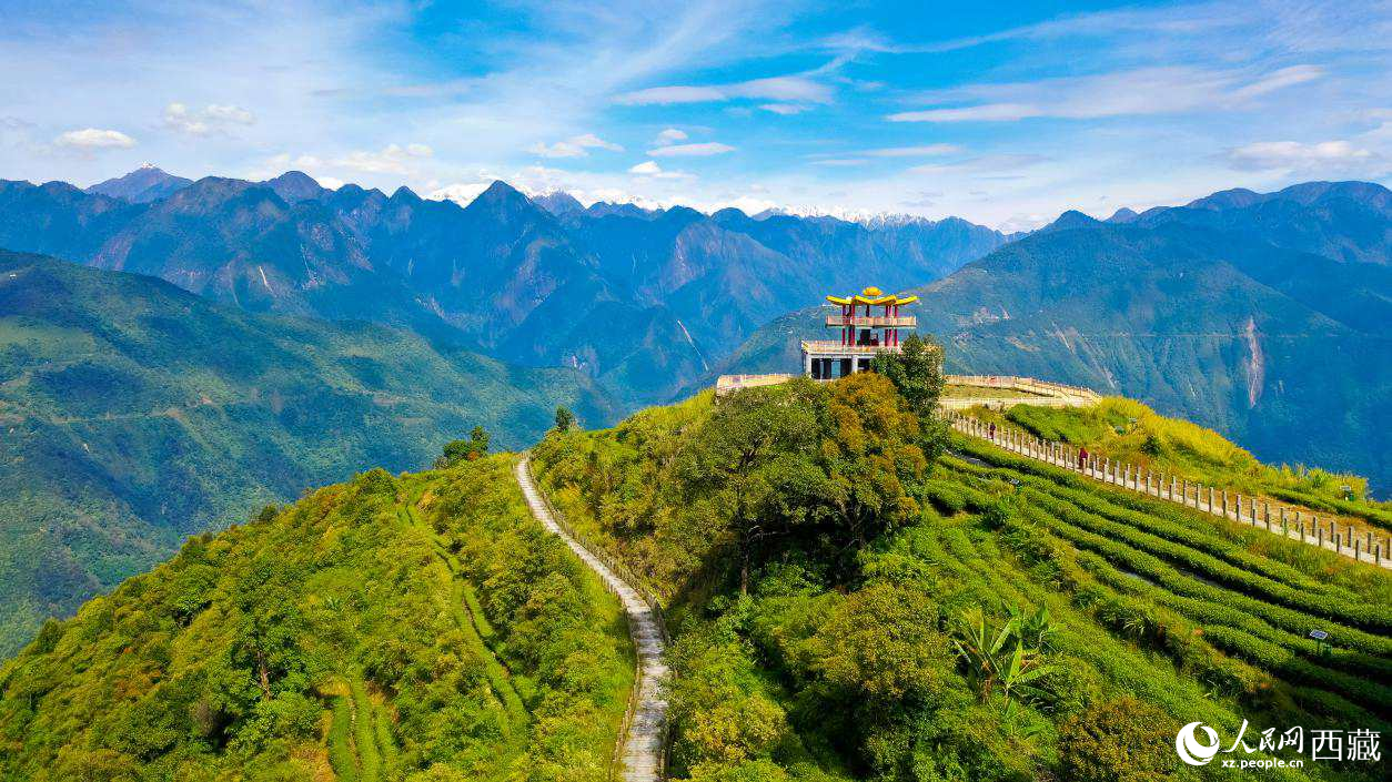 無(wú)人機(jī)航拍墨脫縣格林村蓮花觀景臺(tái)。人民網(wǎng)記者 次仁羅布攝